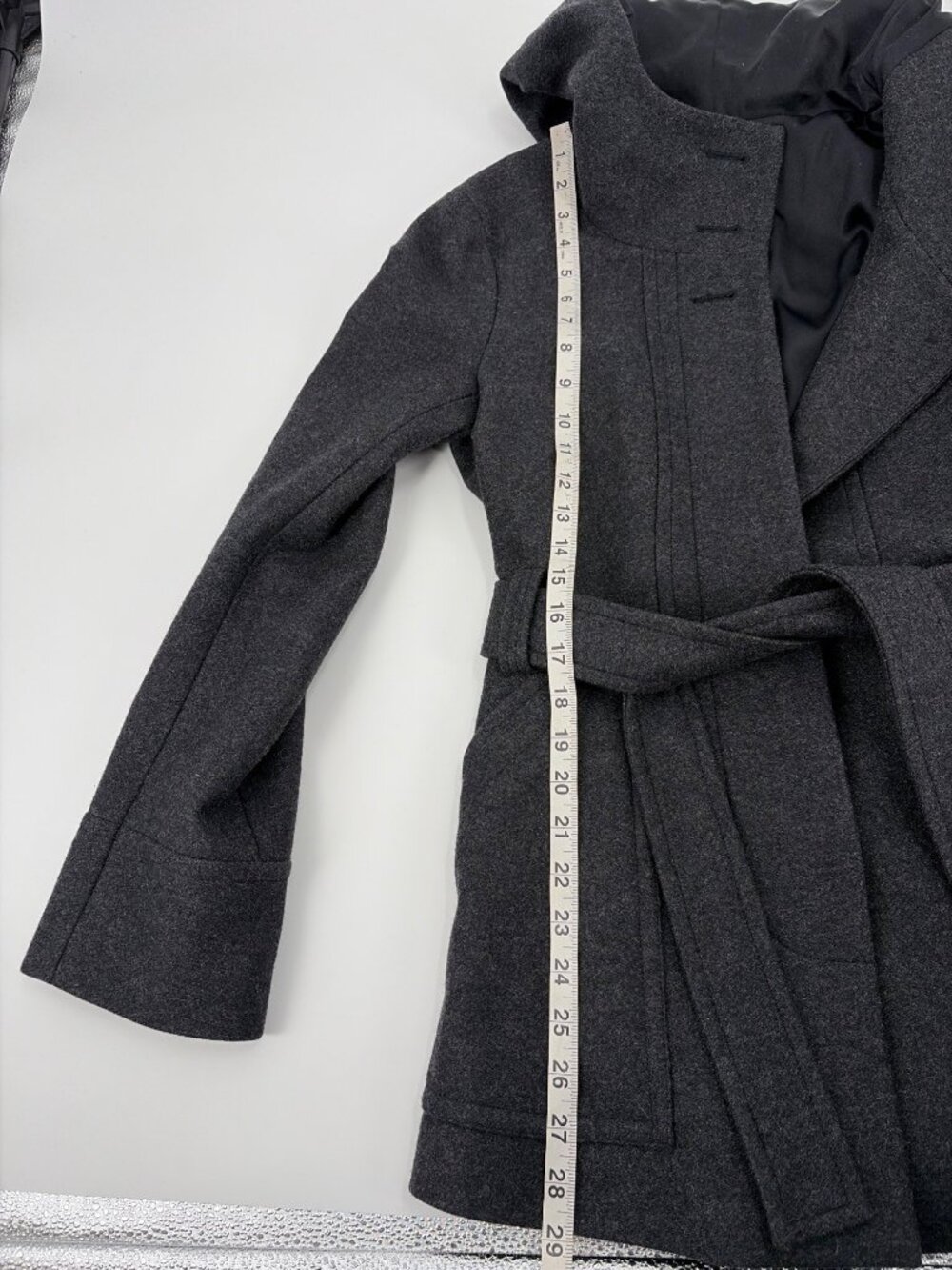 Theory Womens Large Wool Blend Gray Belted Coat Hooded Peacoat Capsule Wardrobe - Picture 7 of 7
